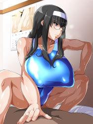 Rule 34 | 1boy, 1girl, bare arms, bare legs, bare shoulders, bed, black hair, blue eyes, blue one-piece swimsuit, blush, breasts, breath, calendar, closed mouth, clothed female nude male, clothed sex, enoshima iki, girl on top, glasses, hairband, hetero, highres, indoors, large breasts, legs, long hair, lying, muchi muchi jimiko bitch ka nikki, nude, on bed, one-piece swimsuit, original, puffy areolae, puffy nipples, sex, sitting, sitting on person, solo focus, sweat, swimsuit, thighs, vaginal, wall