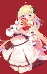 Rule 34 | 1girl, absurdres, ahoge, bag, blonde hair, box, covering own mouth, dress, fur-trimmed dress, fur trim, gift, gift box, hair ornament, hairclip, hands up, heart-shaped box, highres, holding, holding gift, hololive, horns, long hair, looking at viewer, mochiyuki (gigfor1), purple eyes, red background, sheep horns, solo, tsunomaki watame, tsunomaki watame (1st costume), very long hair, virtual youtuber, white dress