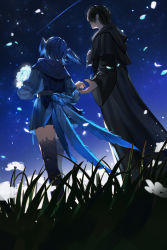 Rule 34 | 1boy, 1girl, absurdres, bird girl, bird legs, bird tail, black capelet, black hair, black robe, blue capelet, blue dress, blue hair, capelet, dress, facing away, falling petals, feathered wings, final fantasy, final fantasy xiv, flower, from behind, from below, glowing flower, grass, head wings, hermes (ff14), highres, holding, holding flower, hood, hood down, hooded capelet, imminent hand holding, mask, unworn mask, meteion, night, night sky, outdoors, petals, robe, short hair, sky, sleepyaow, square enix, standing, star (sky), starry sky, tail, white flower, wings