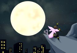 Rule 34 | absurdres, animal focus, black eyes, black sky, city lights, cloud, colored sclera, creatures (company), espeon, facial mark, forehead mark, forked tail, from behind, full moon, game freak, gen 2 pokemon, heart, heart tail, highres, leaning to the side, moon, moriacat, night, nintendo, no humans, outdoors, pokemon, pokemon (creature), red sclera, rock, sitting, sky, star (sky), tail, umbreon
