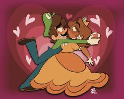 Rule 34 | 1boy, 1girl, about to kiss, artist name, blush, breasts, brooch, brown hair, crown, dress, earrings, face-to-face, facial hair, flower earrings, gloves, grin, hat, heart, jewelry, looking at another, luigi, mario (series), mushroom, mustache, nervous, nintendo, orange dress, overalls, princess daisy, puffy short sleeves, puffy sleeves, short sleeves, smile, spoken heart, standing