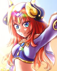 Rule 34 | 1girl, absurdres, blue eyes, forehead jewel, genshin impact, highres, horns, long hair, looking at viewer, nilou (genshin impact), red hair, self-upload, smile, solo