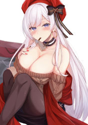 Rule 34 | 1girl, aran sweater, azur lane, belfast (azur lane), belfast (shopping with the head maid) (azur lane), beret, blush, breasts, brown sweater, cable knit, choker, cleavage, collarbone, earrings, food, hat, highres, hoop earrings, incoming pocky kiss, jewelry, kazuha (saku kn), large breasts, long hair, looking at viewer, mouth hold, nail polish, off-shoulder sweater, off shoulder, pocky, pocky kiss, shared food, silver hair, skirt, smile, solo, sweater