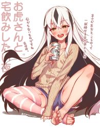 Rule 34 | 1girl, :d, barefoot, beer can, black hair, blue shorts, blush, breasts, can, collarbone, commentary request, drink can, fate/grand order, fate (series), heart, highres, holding, holding can, large breasts, long hair, looking at viewer, mitsurugi sugar, multicolored hair, nagao kagetora (fate), open mouth, pink thighhighs, ribbed shirt, shirt, shorts, silver hair, simple background, single thighhigh, sitting, smile, solo, striped clothes, striped thighhighs, thighhighs, translation request, twitter username, two-tone hair, very long hair, white background, yellow eyes