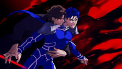 Rule 34 | 2boys, blue hair, brown hair, cu chulainn (fate), earrings, fate/stay night, fate (series), jewelry, kon manatsu, kotomine kirei, cu chulainn (fate/stay night), long hair, male focus, multiple boys, ponytail, red eyes, sexy44, yaoi