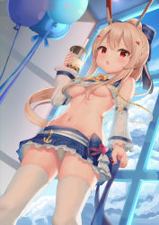 Rule 34 | 1girl, :o, ayanami (azur lane), ayanami (low-key idol @confused) (azur lane), ayanami (low-key idol @confused) (azur lane), azur lane, bachibachi (tisen), backlighting, balloon, bare shoulders, blue skirt, blush, bow, bowtie, breasts, bubble tea, crop top, crop top overhang, crotch seam, cup, detached sleeves, disposable cup, drink, drinking straw, dutch angle, hair between eyes, hair bow, hair ornament, hand up, headgear, high ponytail, highres, indoors, layered skirt, long hair, long sleeves, looking at viewer, mechanical ears, medium breasts, microskirt, midriff, miniskirt, navel, no bra, open mouth, panties, pantyshot, plaid, plaid skirt, pleated skirt, ponytail, red eyes, retrofit (azur lane), shirt, sidelocks, skindentation, skirt, solo, standing, stomach, thighhighs, thighs, underboob, underwear, white panties, white shirt, white thighhighs