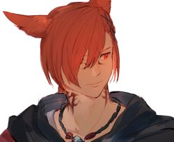 Rule 34 | 1boy, animal ears, cat ears, closed mouth, commentary request, final fantasy, final fantasy xiv, g&#039;raha tia, grbraku, hair ornament, hairclip, jewelry, male focus, miqo&#039;te, neck tattoo, necklace, portrait, red eyes, red hair, short hair, simple background, smile, solo, tattoo, upper body, white background