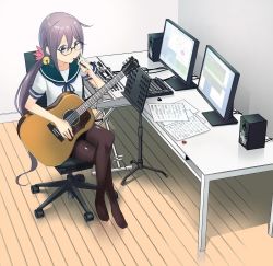 Rule 34 | akebono (kancolle), artist request, bell, black pantyhose, chair, commentary request, flower, glasses, guitar, hair bell, hair flower, hair ornament, highres, instrument, jingle bell, kantai collection, keyboard (instrument), long hair, monitor, pantyhose, pencil, purple eyes, purple hair, roland (company), school uniform, serafuku, sheet music, short sleeves, side ponytail, solo, speaker, table, very long hair