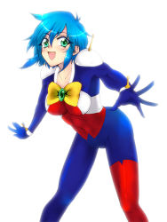 Rule 34 | 1girl, allenby beardsley, blue bodysuit, blue hair, bodysuit, bow, breasts, g gundam, green eyes, gundam, large breasts, mobile trace suit, multicolored clothes, open mouth, ribbon, short hair, simple background, smile, solo, white background, yellow bow
