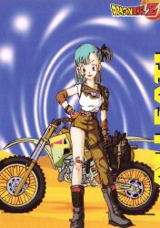 Rule 34 | 1girl, absurdres, aqua hair, belt, boots, breasts, bulma, dragon ball, dragon ball (classic), dragonball z, gloves, goggles, green belt, grey footwear, happy, highres, medium breasts, motor vehicle, motorcycle, official art, orange gloves, sand, small breasts, solo