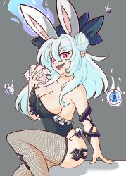 Rule 34 | 1girl, absurdres, animal ears, arbiter the empress iii (azur lane), azur lane, breasts, card, commission, fang, fire, fishnets, glowing, glowing eyes, grey background, highres, large breasts, leotard, long hair, looking at viewer, playboy bunny, playing card, pointy ears, purple eyes, rabbit ears, siren (azur lane), sitting, sitting on table, smile, unlikelyturtle, white hair