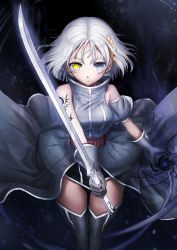 Rule 34 | 1girl, absurdres, black footwear, black gloves, blue eyes, blush, boots, closed mouth, gloves, heterochromia, highres, looking at viewer, original, seungju lee, short hair, solo, thigh boots, thighhighs, white hair, yellow eyes