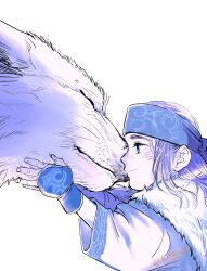 Rule 34 | 1girl, ainu, ainu clothes, asirpa, blue background, cloak, closed eyes, commentary request, dctroo 08, earrings, fur cloak, golden kamuy, hand on animal, headband, highres, hoop earrings, jewelry, long hair, long sleeves, looking at another, nuzzle, purple hair, sidelocks, simple background, smile, twitter username, white background, white cloak, wolf