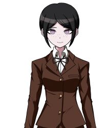 1girl black_hair bow brown_bow brown_jacket brown_ribbon closed_mouth danganronpa:_trigger_happy_havoc danganronpa_(series) eyebrows eyelashes female_focus freckles ikusaba_mukuro jacket long_hair long_sleeve_shirt long_sleeved_jacket long_sleeves looking_at_viewer middinos neck_ribbon parted_bangs purple_eyes ribbon shirt smile solo solo_focus third-party_edit white_shirt