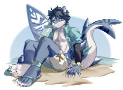 Rule 34 | 1boy, absurdres, animal ears, beach, black sclera, blue eyes, blue footwear, blue hair, blue shirt, blue skin, bracelet, claws, closed mouth, collared shirt, colored sclera, colored skin, fins, fish tail, flip-flops, full body, furry, furry male, highres, jewelry, kitai su, knees up, looking at viewer, male focus, open clothes, open shirt, original, ringed eyes, sandals, shark boy, shark tail, shirt, short hair, shorts, sitting, solo, surfboard, tail, white shorts, white skin