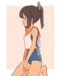 Rule 34 | 1girl, bad id, bad twitter id, blouse, blue one-piece swimsuit, brown eyes, brown hair, feet out of frame, hair ornament, hairclip, highres, i-401 (kancolle), kantai collection, kneeling, okayu (okayutabeyo ), one-piece swimsuit, one-piece tan, orange sailor collar, pink background, ponytail, profile, sailor collar, sailor shirt, school swimsuit, school uniform, serafuku, shirt, short hair, short ponytail, sleeveless, sleeveless shirt, solo, swimsuit, swimsuit under clothes, tan, tanline, two-tone background, white shirt