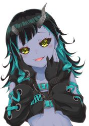 Rule 34 | 1girl, nanashi inc., absurdres, alternate eye color, alternate skin color, belt, belt bra, black gloves, black hair, black jacket, black sclera, blue belt, blue hair, blush, chest belt, clothing cutout, colored sclera, commentary request, cropped jacket, cross-laced clothes, cross-laced sleeves, demon girl, demon horns, fang, flat chest, gloves, green eyes, hands on own cheeks, hands on own face, highres, horns, jacket, long hair, long sleeves, looking at viewer, midriff, multicolored hair, norio minami, open mouth, partially fingerless gloves, pointy ears, shishio chris, shoulder cutout, simple background, smile, solo, sugar lyric, transparent background, two-tone hair, upper body, virtual youtuber