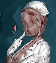 Rule 34 | 1girl, artist request, blood, blood on clothes, blood on face, breasts, bubble head nurse, cleavage, faceless, finger to cheek, gloves, hat, heart, highres, monster girl, nurse, nurse cap, silent hill, silent hill (series), silent hill 2, solo