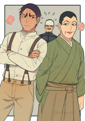 Rule 34 | 3boys, :3, black hair, brown pants, character request, closed mouth, feet out of frame, golden kamuy, green robe, highres, kisaragireki, looking at another, male focus, motion lines, multiple boys, open mouth, outline, pants, robe, short hair, signature, smile, spoken sound effect, tan, translation request, tsurumi tokushirou, twitter username, white outline