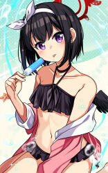 Rule 34 | 1girl, bare shoulders, bikini, black bikini, black choker, black hair, black wings, blue archive, bow hairband, choker, collarbone, commentary request, feathered wings, flat chest, food, frilled bikini, frills, hairband, halo, highres, holding, holding food, holding popsicle, jacket, looking at viewer, mashiro (blue archive), mashiro (swimsuit) (blue archive), midriff, navel, off shoulder, official alternate costume, pink jacket, popsicle, purple eyes, red halo, short hair, sidelocks, sitting, solo, swimsuit, tongue, tongue out, wariza, white hairband, wings, yasume yukito