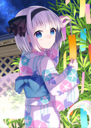 Rule 34 | 1girl, arm up, belt, black hairband, blue belt, blue bow, blue eyes, blue flower, bow, closed mouth, dress, eyes visible through hair, fence, floral print, flower, from behind, ghost, hair between eyes, hairband, hands up, highres, japanese clothes, kimono, konpaku youmu, konpaku youmu (ghost), leaf, light, long sleeves, looking at viewer, myon (phrase), night, night sky, paper, pink flower, purple flower, shadow, short hair, silver hair, sky, solo, standing, star (sky), starry sky, suzuno naru, tanabata, touhou, wall, white dress, white kimono, wide sleeves