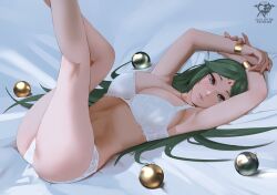 Rule 34 | 1girl, absurdres, armpits, arms up, artist logo, artist name, ass, bed sheet, bra, breasts, christmas ornaments, circlet, closed mouth, gold bracelet, green eyes, green hair, highres, jewelry, kaos art, kid icarus, large breasts, legs, legs up, lips, lying, navel, necklace, nintendo, on back, palutena, panties, solo, stomach, thighs, underwear, underwear only, white bra, white panties