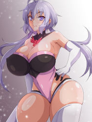 Rule 34 | 1girl, ahoge, aimo (aimo1214), breasts, cleavage, curvy, highleg, highleg leotard, highres, huge breasts, large breasts, leotard, light purple hair, long hair, looking at viewer, low twintails, pink leotard, purple eyes, scrunchie, senki zesshou symphogear, shiny clothes, shiny skin, skindentation, solo, standing, thick thighs, thighhighs, thighs, twintails, white thighhighs, yukine chris
