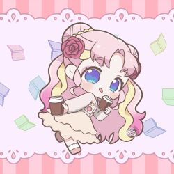 Rule 34 | 1girl, blonde hair, blue eyes, blush, book, braid, braided bun, brown skirt, cardigan, chibi, chii (chi pppuri), commentary request, cup, disposable cup, double bun, flower, full body, hair bun, hair flower, hair ornament, holding, holding cup, long hair, looking at viewer, multicolored hair, open book, parted bangs, patano (pretty series), pink cardigan, pink hair, pretty series, red flower, red rose, rose, sidelocks, skirt, smile, solo, streaked hair, tongue, tongue out, very long hair, waccha primagi!, wavy hair