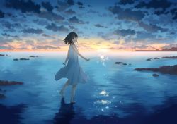 Rule 34 | 1girl, anyotete, barefoot, black hair, blue sky, closed mouth, cloud, cloudy sky, commentary, dress, fireworks, from side, gradient sky, highres, holding, looking at viewer, looking back, medium dress, ocean, orange sky, original, outdoors, short hair, sky, sleeveless, sleeveless dress, smile, solo, sparkler, standing, sunset, white dress