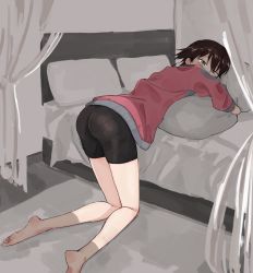 Rule 34 | 1girl, ass, barefoot, bed, bike shorts, black shorts, blush, brown eyes, brown hair, feet, from behind, girls und panzer, gym uniform, half-closed eyes, highres, indoors, isobe noriko, jacket, kneeling, leaning forward, looking at viewer, looking back, hugging object, pantylines, pillow, pillow hug, purple jacket, short hair, short shorts, shorts, sleeves rolled up, solo, toku (yhpv8752), track jacket