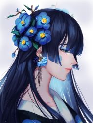 Rule 34 | 1girl, absurdres, black hair, blue eyes, blue flower, blue hair, blue theme, blunt bangs, blush stickers, camellia, chain, chain earrings, closed mouth, earrings, eyelashes, eyeshadow, flower, flower earrings, from side, gang g, hair flower, hair ornament, half-closed eyes, highres, hime cut, japanese clothes, jewelry, kimono, long hair, makeup, original, pearl earrings, portrait, profile, sidelocks, simple background, solo