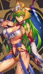 Rule 34 | &gt;:&gt;, 1girl, :&gt;, adapted costume, animal hat, armpits, bare shoulders, breasts, cleavage, cowboy shot, detached sleeves, frills, green hair, hair tubes, hat, highleg, holding, holding sword, holding weapon, kochiya sanae, large breasts, long hair, looking at viewer, melon22, mirror, navel, revealing clothes, sidelocks, solo, sword, touhou, tsurime, underboob, v-shaped eyebrows, very long hair, weapon, wide sleeves, yellow eyes