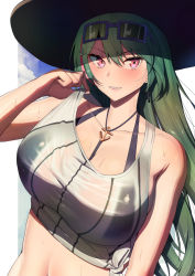 Rule 34 | 1girl, amano don, anchor hair ornament, anchor necklace, azur lane, bare shoulders, bikini, bikini under clothes, black bikini, blush, breasts, earrings, eyewear on head, green hair, hair between eyes, hair ornament, hat, highres, jewelry, large breasts, littorio (azur lane), littorio (the glory of naples) (azur lane), long hair, looking at viewer, midriff, multicolored hair, navel, necklace, red eyes, red hair, see-through, shirt, smile, solo, strap lift, streaked hair, sunglasses, sweat, swimsuit, swimsuit under clothes, tank top, tied shirt, upper body, wet, wet clothes, wet shirt