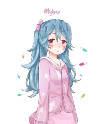 Rule 34 | 1girl, arrow print, blue hair, blush, expressionless, facial tattoo, hair ornament, half-closed eyes, hatsune miku, lady-ichiko, looking at viewer, pajamas, pill, pink eyes, pink shirt, pink skirt, shirt, skirt, slow motion (vocaloid), solo, standing, tattoo, twitter username, upper body, vocaloid, white background