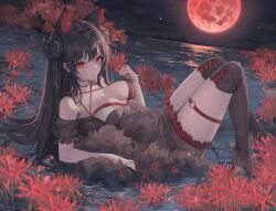 Rule 34 | 1girl, animal ear fluff, bare shoulders, breasts, criss-cross halter, double bun, dress, flower, frills, hair bun, halterneck, high heels, holding, holding flower, large breasts, long hair, looking at viewer, moon, original, parted lips, red eyes, red moon, solo, star (sky), thigh strap, thighs, very long hair, water, whois