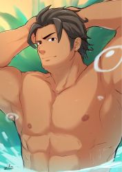 Rule 34 | 1boy, abs, air bubble, arms behind head, bara, black hair, bubble, dark-skinned male, dark skin, dragalia lost, highres, large pectorals, looking at viewer, male focus, muscular, muscular male, nipples, nude, partially submerged, pectorals, ranzal (dragalia lost), short hair, sideburns, solo, stomach, upper body, zifu