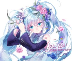 Rule 34 | absurdres, blouse, blue eyes, blue hair, blue necktie, blush, dress, flower, freesia (flower), grey shirt, hair between eyes, hatsune miku, highres, long hair, multicolored flower, necktie, shirt, simple background, sleeveless, sleeveless shirt, solo, twintails, very long hair, violet (flower), vocaloid, white background