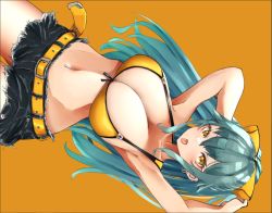 Rule 34 | 1girl, :p, aqua hair, armpits, arms behind head, arms up, belt, bikini, bikini top only, black shorts, bow, breasts, cleavage, collarbone, cowboy shot, earrings, front-tie bikini top, front-tie top, hair bow, huge breasts, jewelry, looking at viewer, midriff, navel, navel piercing, open mouth, original, piercing, ripped jeans, rotated, short shorts, shorts, simple background, solo, swimsuit, talte01, tongue, tongue out, tongue piercing, torn clothes, yellow background, yellow belt, yellow bikini, yellow bow, yellow eyes, yellow theme