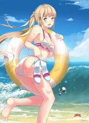 Rule 34 | 1girl, absurdres, ass, bare legs, bare shoulders, barefoot, beach, bikini, blonde hair, blue sky, blunt bangs, breasts, cleavage, cloud, day, green eyes, highres, holding, holding clothes, holding footwear, holding swim ring, horizon, innertube, lips, long hair, looking at viewer, medium breasts, ocean, open mouth, original, outdoors, ponytail, sidelocks, sky, solo, starfish, swim ring, swimsuit, teeth, thighs, toes, vierzeck, water drop, waves