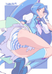 Rule 34 | 1girl, ascot, ass, big hair, blue ascot, blue background, blue dress, blue footwear, blue panties, boots, border, brooch, cameltoe, closed mouth, commentary, crotch seam, cure fontaine, dress, earrings, floating, from side, gloves, hand in own hair, healin&#039; good precure, high collar, high heel boots, high heels, highres, jewelry, legs, legs up, long hair, looking at viewer, looking back, magical girl, miyagoe yoshitsuki, outside border, panties, precure, puffy short sleeves, puffy sleeves, sawaizumi chiyu, short dress, short sleeves, smile, solo, striped clothes, striped panties, swept bangs, tiara, translated, underwear, very long hair, white border, white gloves, white headwear