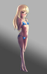 Rule 34 | 1girl, bikini, blonde hair, blue bikini, blush, covered erect nipples, full body, glasses, grey background, highres, long hair, looking at viewer, micro bikini, open mouth, perrine h. clostermann, shiri chin, simple background, solo, strike witches, swimsuit, world witches series