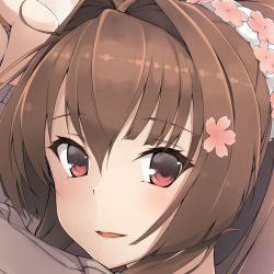 Rule 34 | 1girl, arm pillow, blush, brown eyes, brown hair, close-up, flower, grey sweater, hair flower, hair intakes, hair ornament, kantai collection, kochipu, long hair, long sleeves, looking at viewer, lying, on side, parted lips, ponytail, ribbed sweater, solo, sweater, yamato (kancolle)