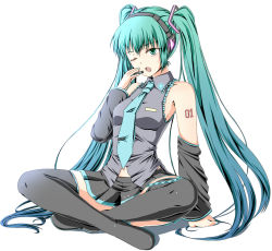 Rule 34 | 1girl, aqua eyes, aqua hair, arm support, boots, detached sleeves, hatsune miku, headphones, headset, indian style, kochi-goori, long hair, necktie, one eye closed, panties, pantyshot, simple background, sitting, skirt, solo, striped clothes, striped panties, thigh boots, thighhighs, toukaze koori, twintails, underwear, very long hair, vocaloid, wink
