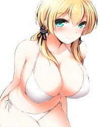 Rule 34 | 10s, 1girl, bikini, blonde hair, breasts, cleavage, closed mouth, don (29219), green eyes, halterneck, huge breasts, kantai collection, long hair, looking to the side, prinz eugen (kancolle), side-tie bikini bottom, simple background, smile, solo, string bikini, swimsuit, twintails, white background, white bikini