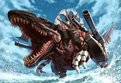 Rule 34 | absurdres, alkham, cannon, cloud, genospino, highres, huge filesize, leaning forward, mecha, no humans, open mouth, red eyes, robot, science fiction, sky, water, zoids, zoids wild zero