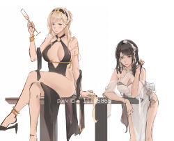 Rule 34 | 2girls, absurdres, artist name, bad id, bad pixiv id, bare legs, bare shoulders, black dress, black footwear, black hair, blonde hair, blue eyes, blush, bracelet, breasts, character request, cleavage, closed mouth, collarbone, crossed legs, cup, dress, drinking glass, earrings, hair ornament, hairband, hand in own hair, hand on table, high heels, highres, holding, holding cup, jewelry, large breasts, leaning forward, legs, lips, long hair, looking at viewer, multiple girls, rifu (643763873), sitting, sitting on table, standing, thighs, warship girls r, white background, white dress, wine glass