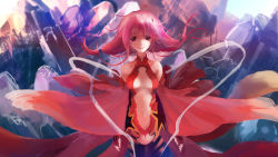 Rule 34 | 10s, 1girl, absurdres, bad id, bad pixiv id, bare shoulders, black legwear, breasts, center opening, cleavage, detached sleeves, elbow gloves, fingerless gloves, gloves, guilty crown, hair ornament, hairclip, highres, looking at viewer, navel, pink hair, red eyes, smile, solo, twintails, xi chen chen, yuzuriha inori