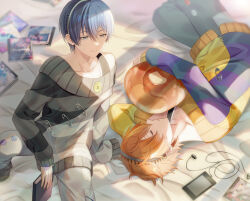 Rule 34 | 2boys, aggressive nezou wear (project sekai), alternate color, aoyagi touya, bed, black hairband, blue hair, book, closed eyes, commentary, dark blue hair, earrings, grey eyes, hairband, headphones, hood, hooded jacket, jacket, jewelry, long sleeves, looking at viewer, male focus, matching outfits, multicolored hair, multiple boys, hugging object, offtoon12, open clothes, orange hair, pants, phone, pillow, pillow hug, plush food, project sekai, safety pin, shinonome akito, shirt, short hair, sleeping, smile, split-color hair, tank top, two-tone hair, yaoi