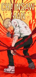 Rule 34 | 1boy, absurdres, black pants, blonde hair, blood, blood on clothes, chainsaw man, chu2 sec, collared shirt, denji (chainsaw man), highres, looking at viewer, looking back, organs, pants, pulling, sharp teeth, shirt, shoes, sleeves rolled up, smile, sneakers, solo, teeth