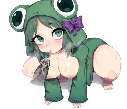 Rule 34 | 1girl, absurdres, all fours, animal hood, bad id, bad pixiv id, black souls, bow, breasts, closed mouth, collarbone, cum, cum in mouth, empty eyes, frog hood, frog princess (black souls), green eyes, green hair, green jacket, highres, hood, hood up, hooded jacket, jacket, long sleeves, medium breasts, medium hair, naked jacket, nipples, nyong nyong, open clothes, open jacket, penis, purple bow, shadow, simple background, sleeves past wrists, steam, sweat, uncensored, veins, veiny penis, white background